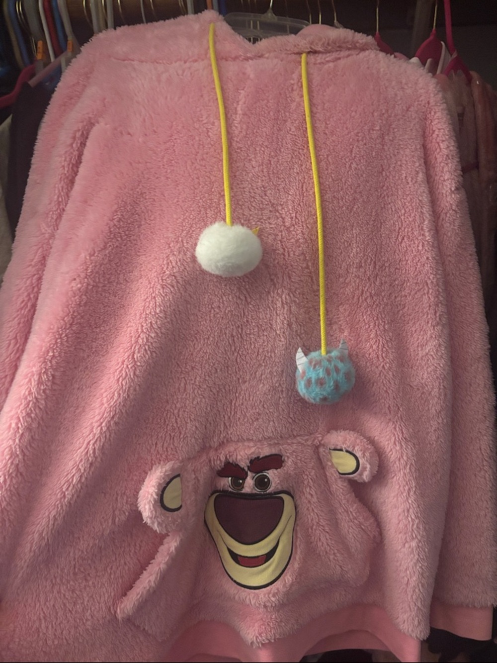 Pink Teddy Fleece Hoodie with Pom-Pom Drawstrings